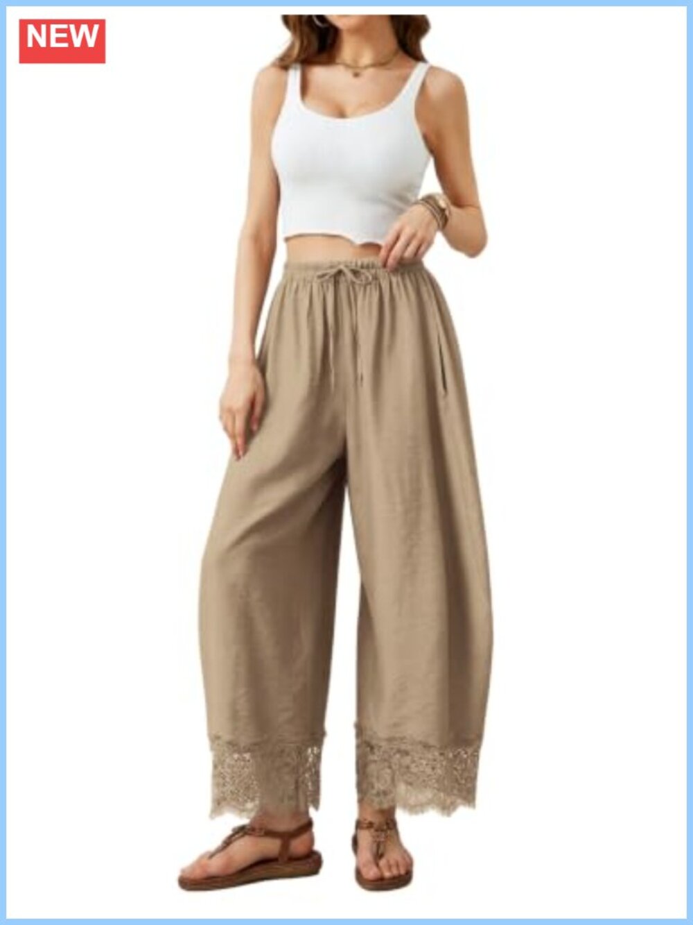 Cropped Lace Trim Wide Leg Barrel Pants Silk Feel Neutral Fit Petite